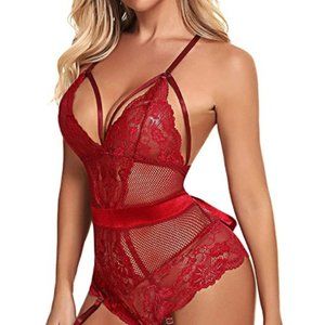 Women's Red Lace Floral Mesh Hook Eye Garter Belt Bow Teddy Bodysuit Lingerie